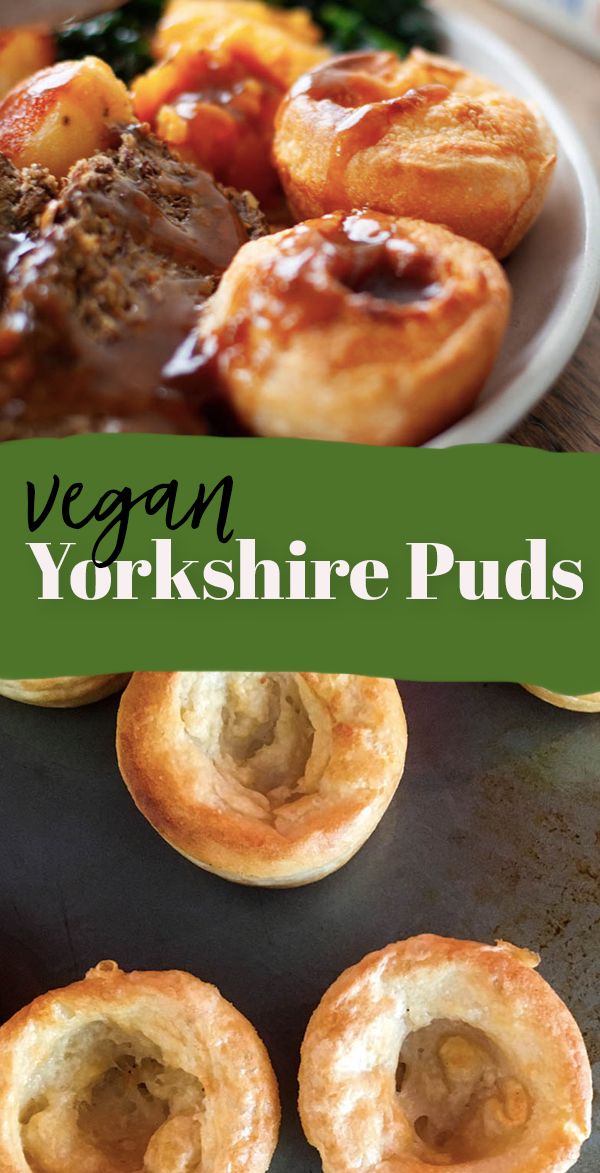 a plate full of food with the words vegan yorkshire puddings on it and other foods