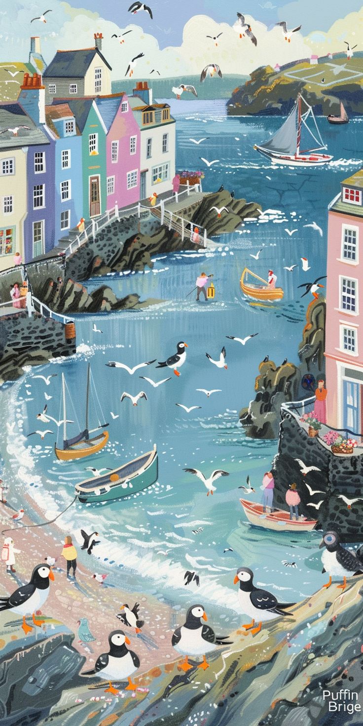 #SeasideScene #BeatrixPotterStyle #FishingBoats #Seagulls #PastelBuildings #OceanHarbor #CoastalPath #PuffinBridge #BritishRuralLife #1:2AspectRatio #TheCandie Seagull Art Painting, Naive Art Seaside, Scottish Illustration, Harbor Illustration, Sailing Illustration, Coastal Illustration, Puffin Painting, Seaside Illustration, Seagull Illustration