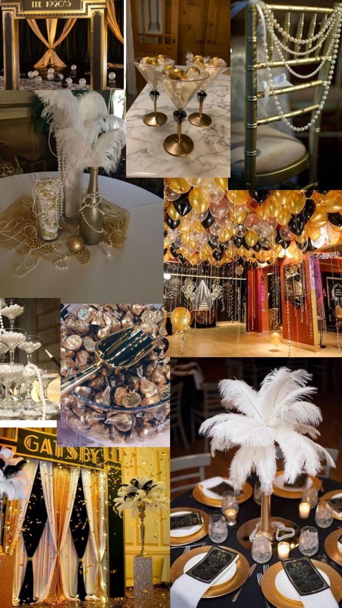 a collage of pictures with gold, black and white decorations