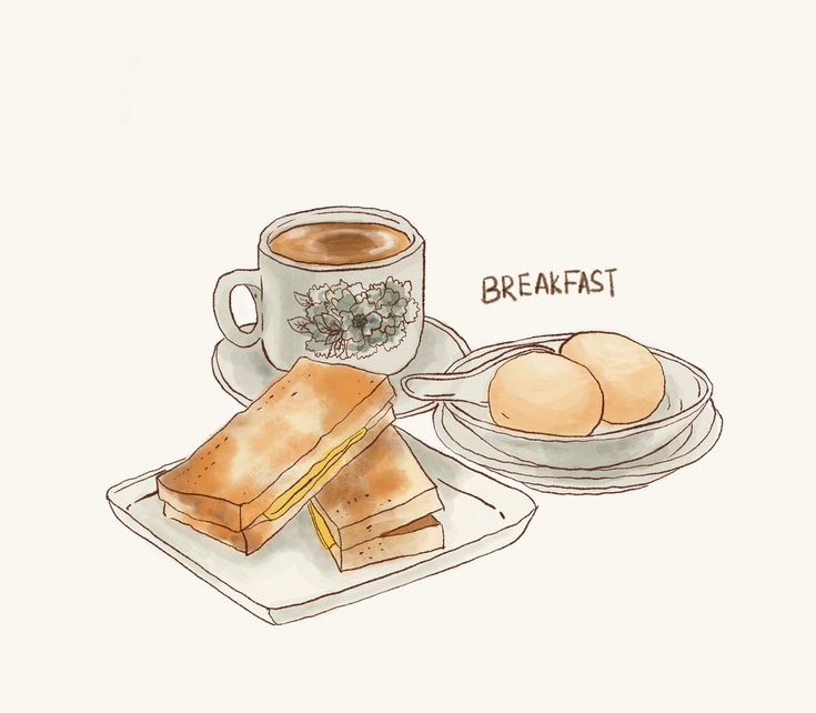 a drawing of breakfast on a plate with coffee and biscuits next to it, along with a cup of coffee