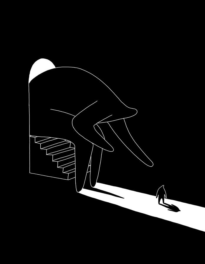 a drawing of a hand reaching for a person walking up stairs with their foot on the ground