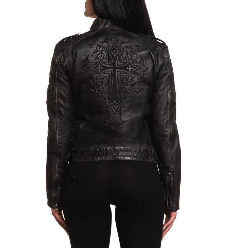 Sabrina Jacket 100% Leather Black Black Gothic Leather Jacket, Fitted Gothic Leather Jacket, Gothic Black Leather Biker Jacket, Gothic Long Sleeve Leather Jacket For Fall, Black Gothic Leather Outerwear, Gothic Fitted Biker Jacket With Long Sleeves, Fitted Gothic Biker Jacket With Long Sleeves, Edgy Black Leather Outerwear, Black Leather Edgy Outerwear