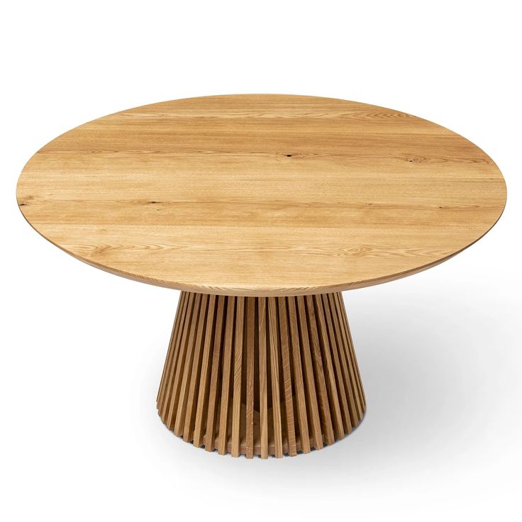 a round wooden table with pleated legs