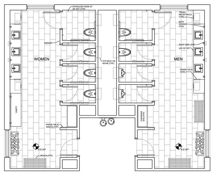 the floor plan for a bathroom with two sinks and three toilets