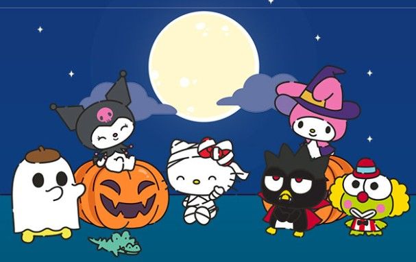 a group of cartoon characters standing in front of a full moon with bats and pumpkins