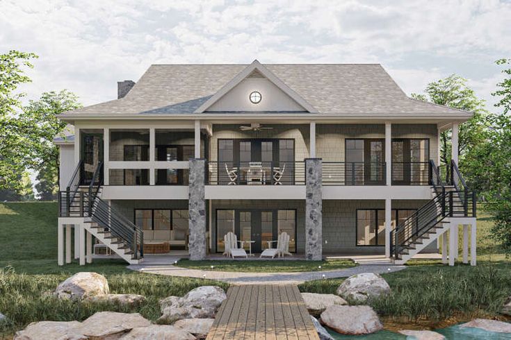 this is an artist's rendering of a two story house with stone steps leading up to it