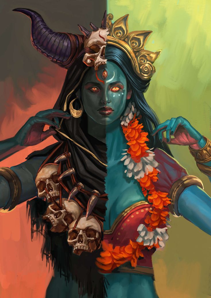 a painting of a woman with horns and skulls on her head, wearing an elaborate costume