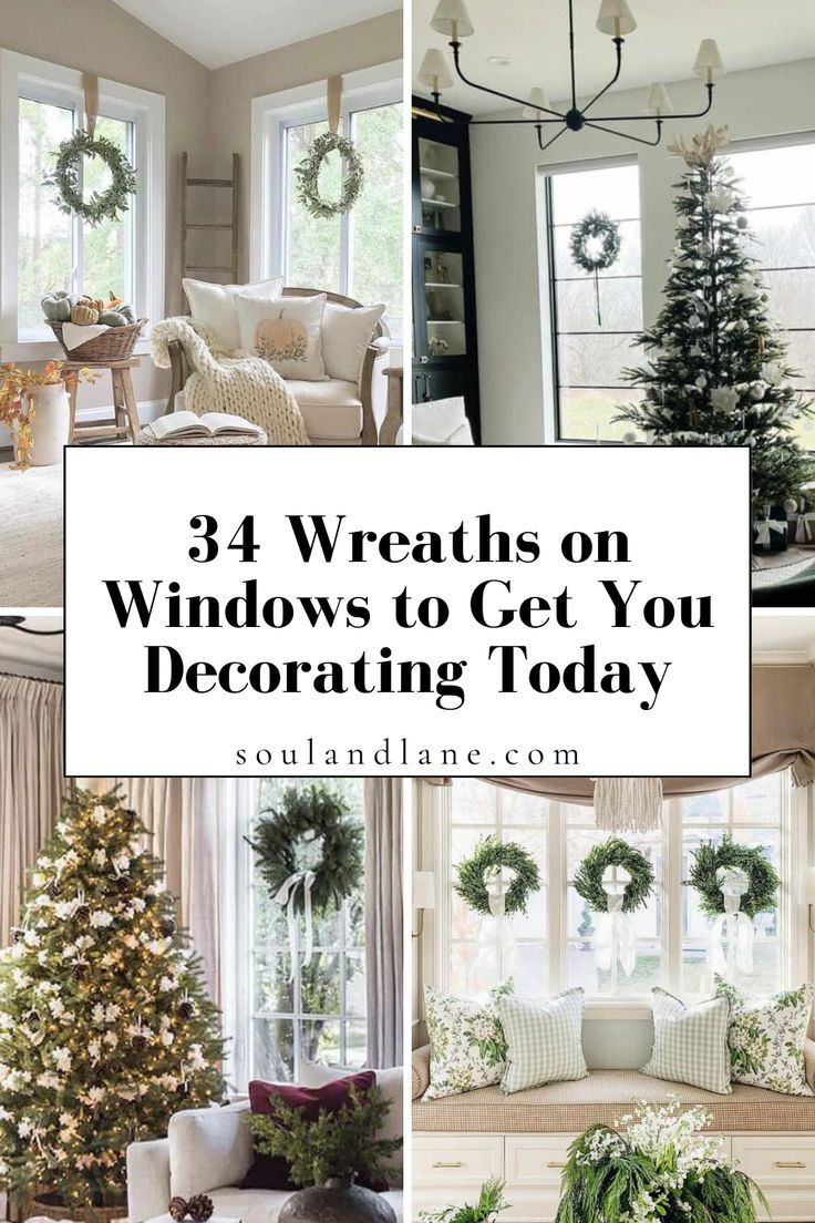 four pictures with wreaths on windows to get you decorating today in the living room