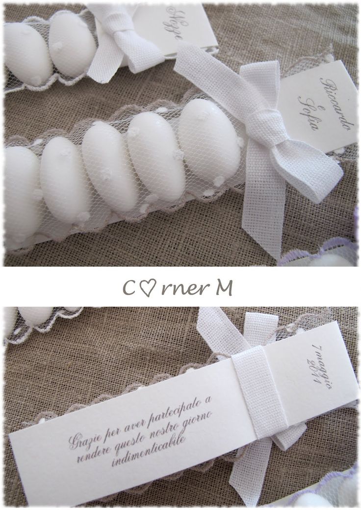 an image of wedding favors with ribbons and tags on them for guests to place their names in