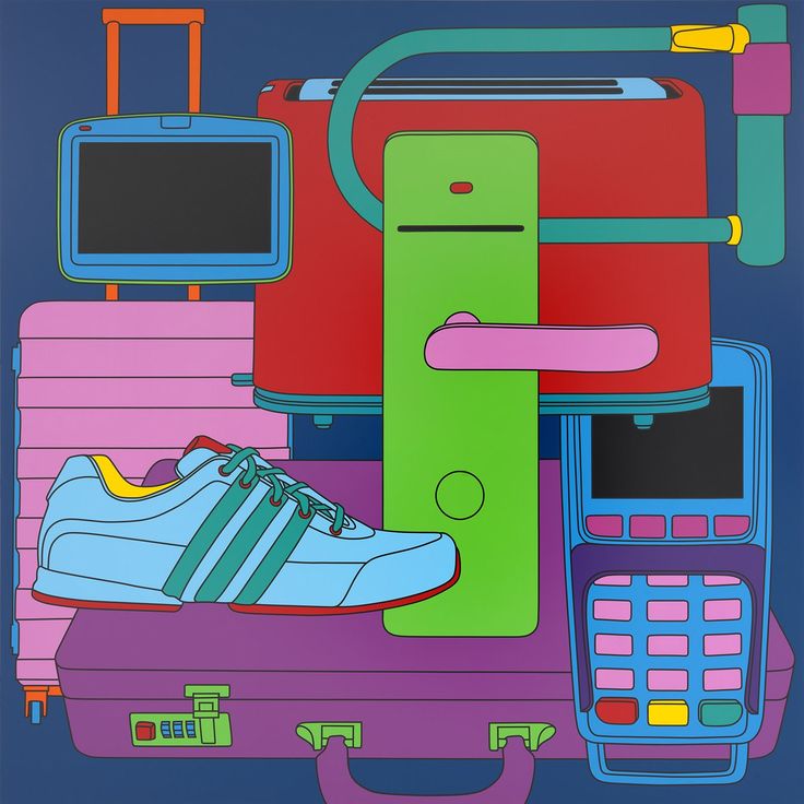 an image of luggage with shoes and cell phones on it, all in different colors