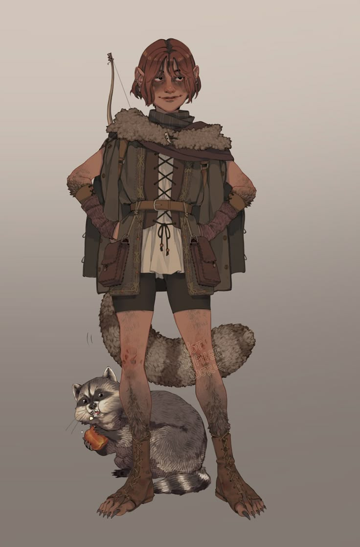 a drawing of a woman standing next to a raccoon on a gray background