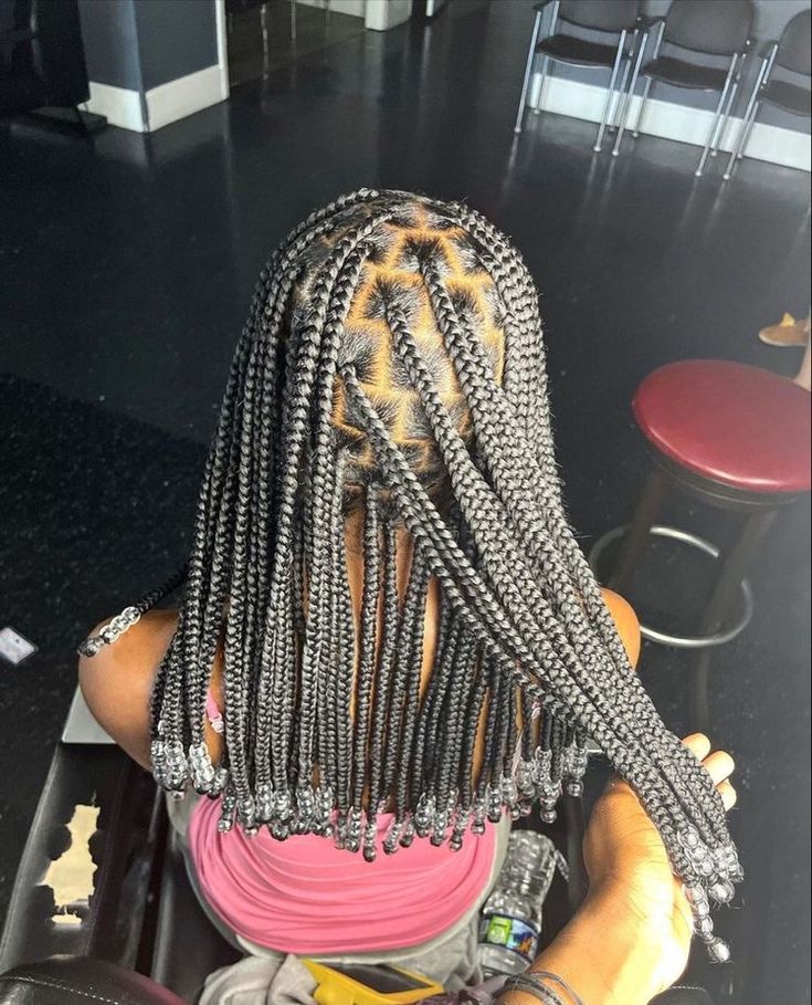 Hairstyles Fake Hair Braids, Mid Back Knotless Braids With Beads, Mid Back Braids For Black Women, Medium Length Box Braids With Beads, Box Braids Hairstyles With Beads, Black Hair Protective Styles, Braids And Beads, Short Box Braids Hairstyles, Braided Hairstyles For Black Women Cornrows