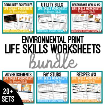 the environmental print life skills worksheets bundle includes 20 pages and two sets of activities