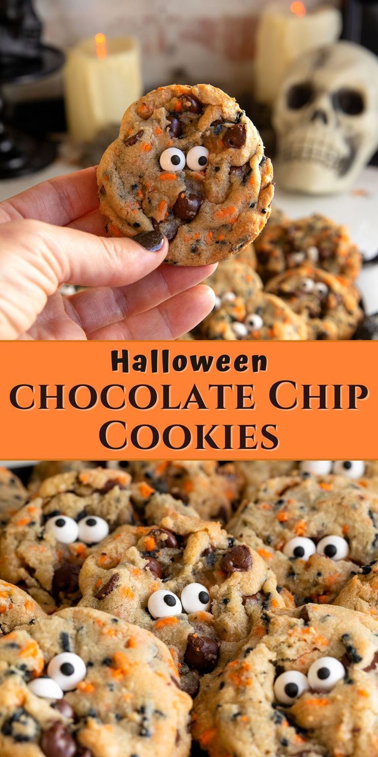 holding a halloween chocolate chip cookies and cookies on a platter. Diy Pumpkin Patch, Free Crochet Pattern Christmas, Halloween Chocolate Chip Cookies, Postres Halloween, Halloween Cookie Recipes, Candy Eyes, Dulces Halloween, Fun Halloween Food, Halloween Food Treats