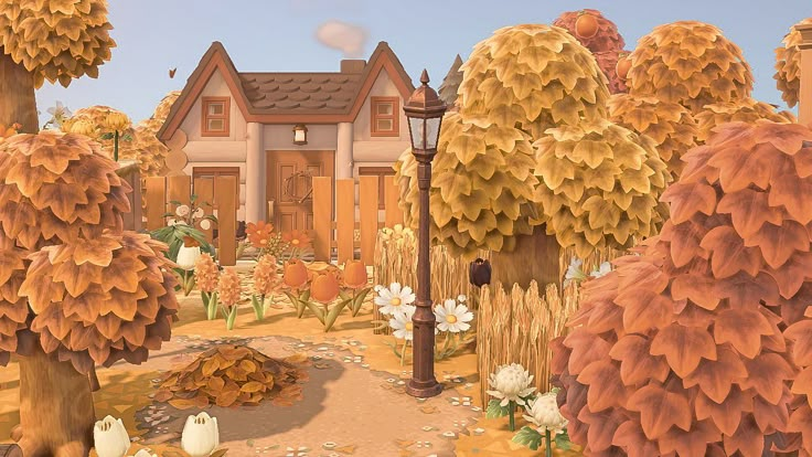 an animated house surrounded by trees and flowers