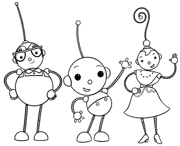 three cartoon children with their arms in the air, one holding an object and the other standing