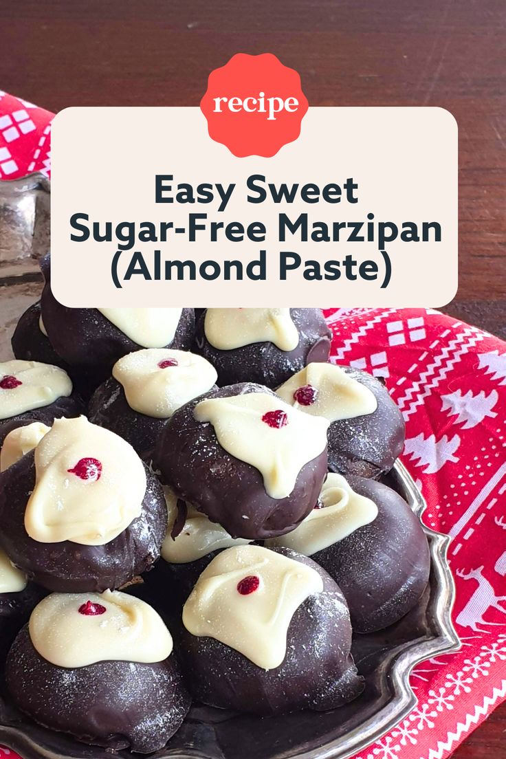 chocolate sugar - free marzipans with white frosting on a red plate