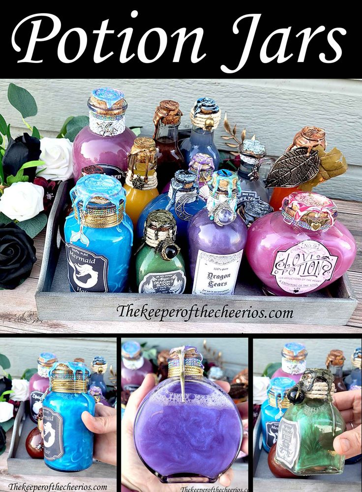 there are many different bottles in this collage with the words potton jars on them