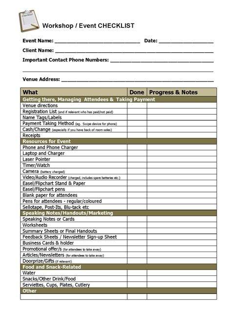 an event checklist is shown in the form of a workbook, which includes tasks and