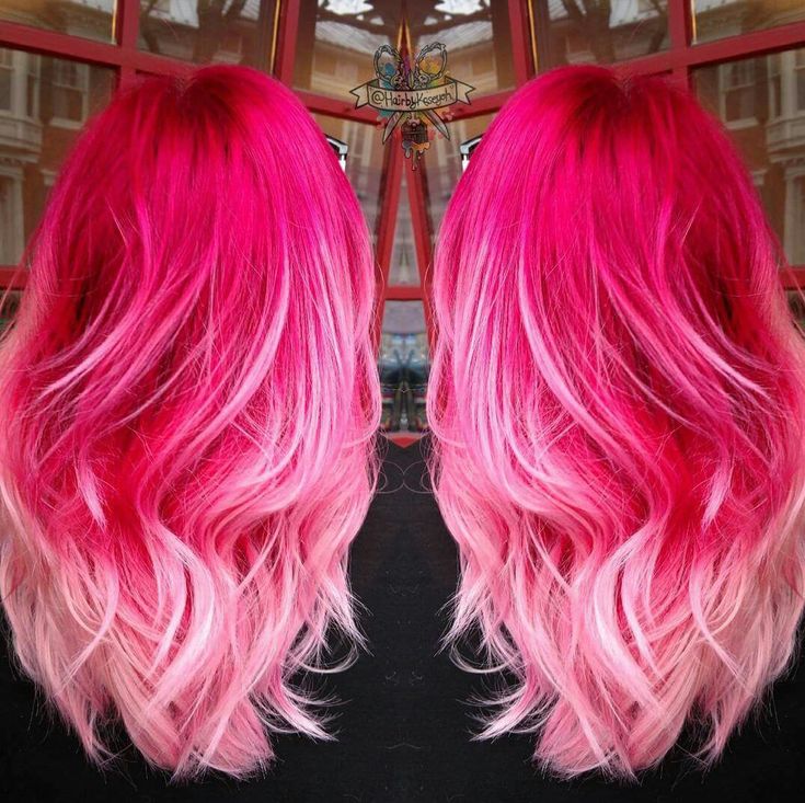 Hot Pink/Baby Pink Ombre Hair ♡ Hot Pink Hair Ombre, Hot Pink Balayage, Valentines Hair Color, Red To Pink Ombre Hair, Two Tone Pink Hair, Hot Pink Hair With Dark Roots, Neon Pink Ombre Hair, Hot Pink Baylage Hair, Dark Pink Roots Light Pink Hair