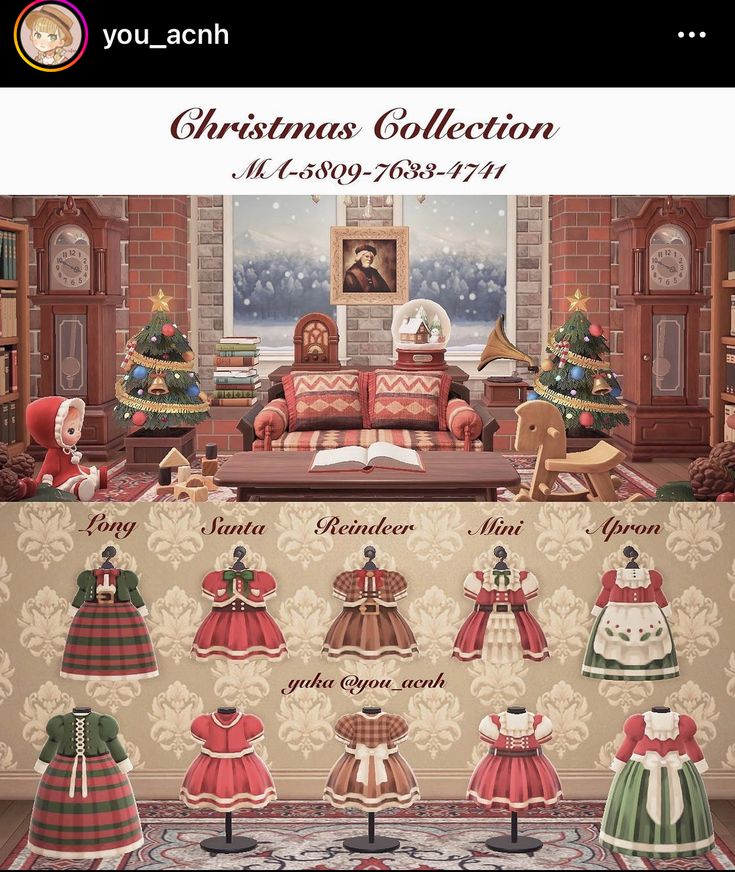 the christmas collection is on display in front of a couch and other furniture, including dolls