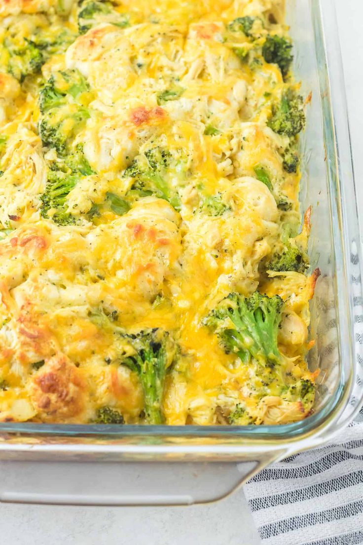 a casserole dish with broccoli and cheese