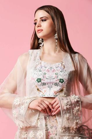 Shop for Sakshi Girri White Organza Printed Jacket And Palazzo Set for Women Online at Aza Fashions Gharara Pants, Organza Embroidery, Pearl Embellishment, Sheer Jacket, Printed Jacket, Palazzo Set, Open Jacket, Floral Patchwork, Indian Fashion Designers