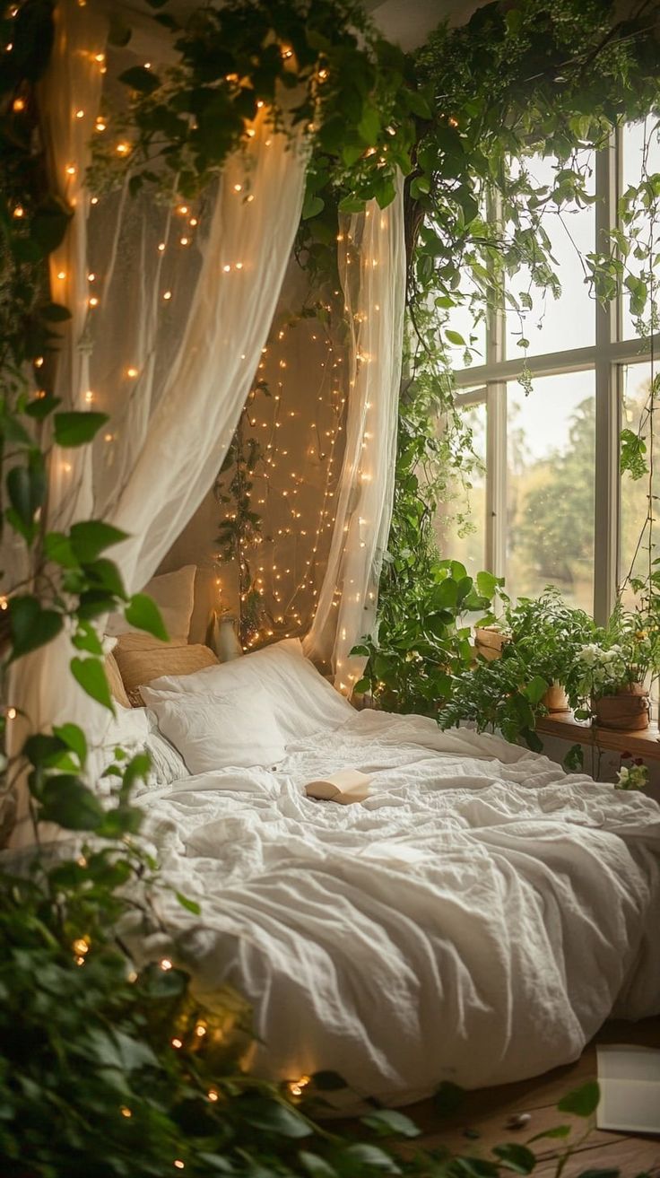 A dreamy fairy bed with white linen, surrounded by plants and lights, creating an enchanting, nature-inspired bedroom Cute Bed Canopy Ideas, Canopy Bed Vines And Lights, Secret Garden Aesthetic Bedroom, Vine Canopy Bedroom, Fake Vines On Ceiling, Fairy Garden Room Ideas Bedrooms, Fairytale House Interior, Whimsical Bedroom Adult, Fairy Home Decor