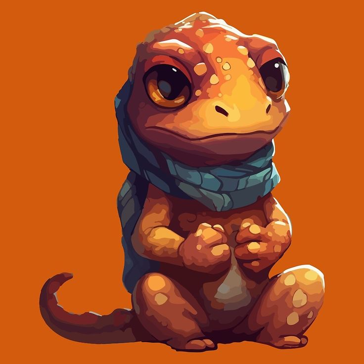 a cartoon lizard with a scarf around its neck sitting on the ground and looking at the camera