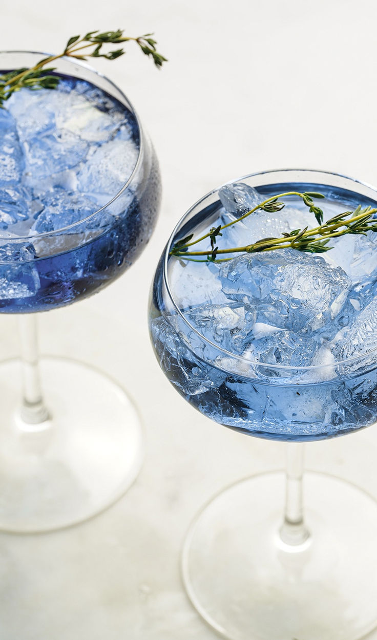 two glasses filled with blue liquid and garnished with green sprigs on the rims