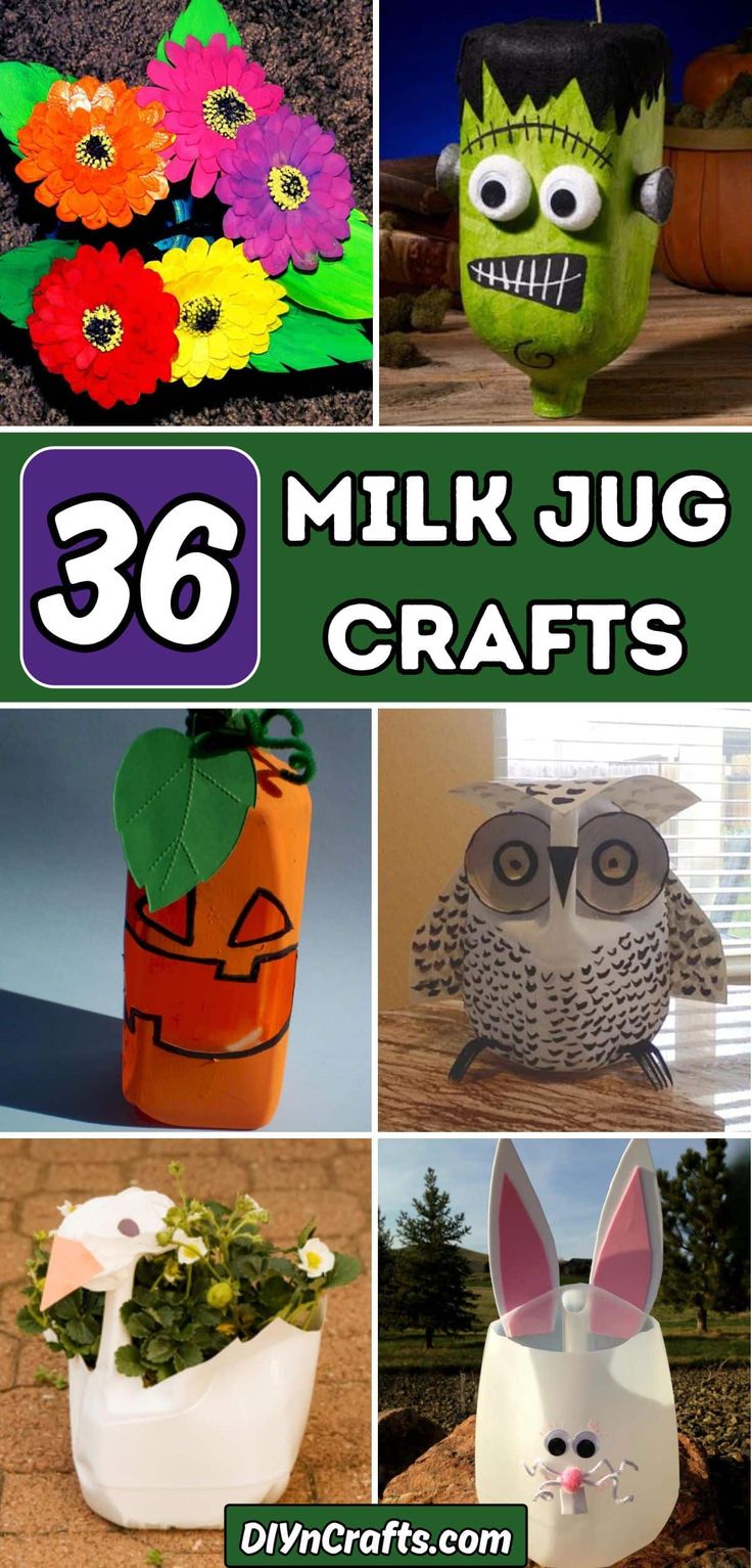 the collage shows different crafts made with milk jugs and paper mache flowers