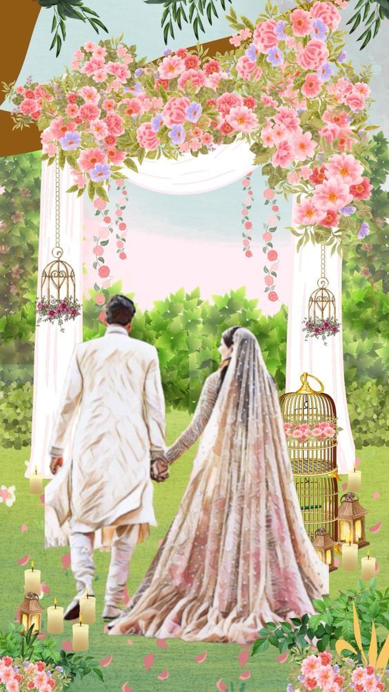 a man and woman holding hands walking towards a birdcage with flowers on it