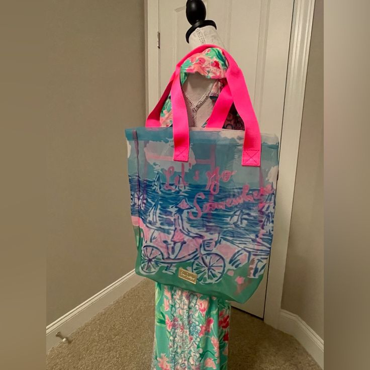 Lilly Pulitzer Perfect Beach Bag With Illustrations Of Bike And Sailboats. Nwot Pink Rectangular Beach Bag, Casual Pink Rectangular Beach Bag, Pink Casual Beach Bag For Beach Season, Casual Pink Beach Bag For Beach Season, Pink Beach Bag For Spring Travel, Pink Packable Beach Bag, Casual Pink Tote Beach Bag, Casual Pink Beach Bag For Vacation, Casual Pink Beach Bag