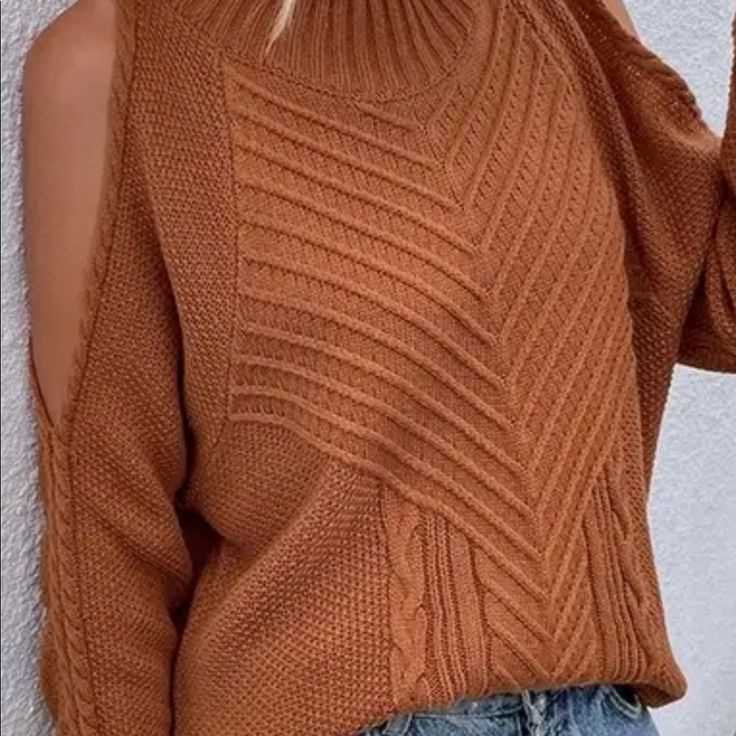 Cozy Knit Sweater In Caramel Cold Shoulder Cut Out! Trendy And Comfortable! New Trendy Brown Open Knit Sweater, Brown Chunky Knit Top For Winter, Cozy Brown Open Knit Sweater, Fall Brown Open Knit Sweater, Casual Brown Pointelle Knit Sweater, Casual Brown Open Knit Sweater, Cozy Brown Top For Cold Weather, Brown Pointelle Knit Long Sleeve Sweater, Trendy Brown Sweater For Cold Weather