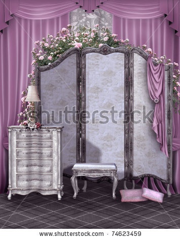 an old fashion dressing table and mirror with flowers on the top, in front of a purple curtained wall