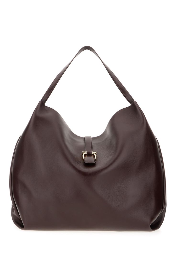 Shopping bag realized in pebble calf leather enriched by metal Gancini detail on the closure. -Tonal leather flat handles -Magnetic button closure -Lined interior with detachable tonal leather pouchComposition: Exterior: 100% Calf Evening Brown Hobo Bag With Palladium Hardware, Brown Calf Leather Hobo Bag For Business, Brown Smooth Grain Hobo Bag For Work, Business Brown Calf Leather Hobo Bag, Timeless Hobo Bag With Gold-tone Hardware For Office, Timeless Hobo Bag With Gold-tone Hardware For Work, Timeless Leather Hobo Bag For Formal Occasions, Timeless Formal Soft Leather Hobo Bag, Formal Brown Soft Leather Hobo Bag