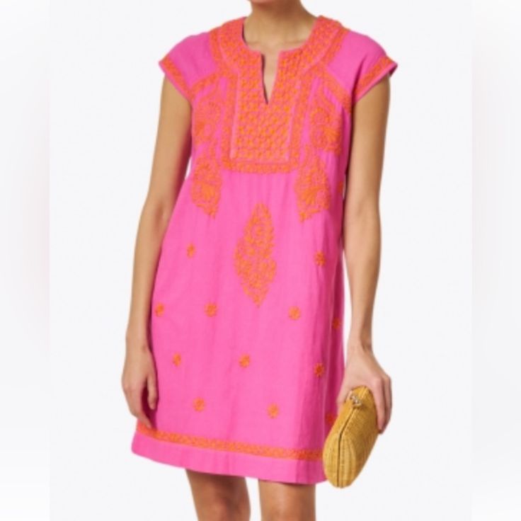 Nwt Madison Matthews Pink And Orange Embroidered Dress. Can Be Worn Out And About Or Is Also Great For The Beach Or Pool. Split Neck And Small Split Bottom Hem. Overall Length Approximately 34”. Adorable On, True To Size. Pink Short Sleeve Embroidered Dress For Spring, Embroidered Pink Dress For Vacation, Pink Fitted V-neck Embroidered Dress, Fitted Pink V-neck Embroidered Dress, Pink Embroidered Summer Dress With Short Sleeves, Pink Embroidered Short Sleeve Summer Dress, Spring Vacation Pink Embroidered Dress, Pink Beach Dress With Embroidered Hem, Pink Embroidered Dress For Spring