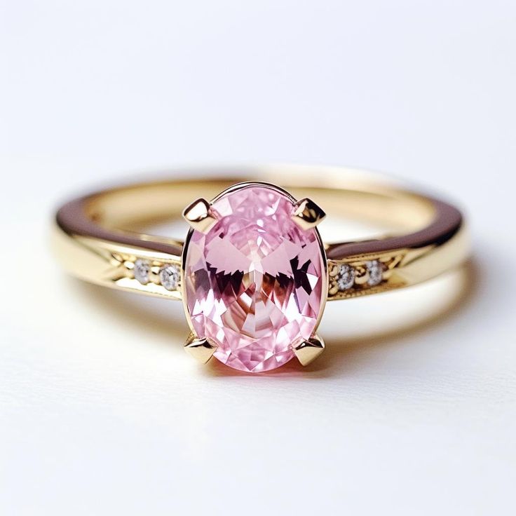 a close up of a ring with a pink stone in the center and diamonds around it