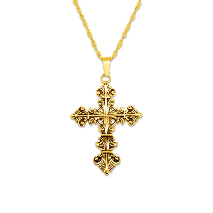 The Lament Gold Cross Necklace is adorned with the solemnity of a cross, a symbol of enduring significance. It is not just a necklace; it's a relic that resonates with the echoes of ancient times, recounting stories of timeless grace. Bathed in rich, opulent gold, this pendant captures the essence of both elegance and darkness. Its golden sheen is a reflection of the allure of the nocturnal, a reminder that beauty thrives even in the heart of the shadows. Spiritual Cross Necklace With Intricate Design, Spiritual Cross Jewelry With Intricate Design, Gold Filigree Cross Pendant Necklace, Ornate Cross Necklace With Intricate Design, Ornate Gold Cross Pendant Necklace, Crucifix Necklace With Intricate Design For Gifts, Intricate Crucifix Necklace As A Gift, Intricate Crucifix Necklace For Gift, Intricate Cross Necklace As Gift