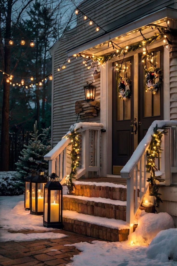 christmas lights on the front steps of a house