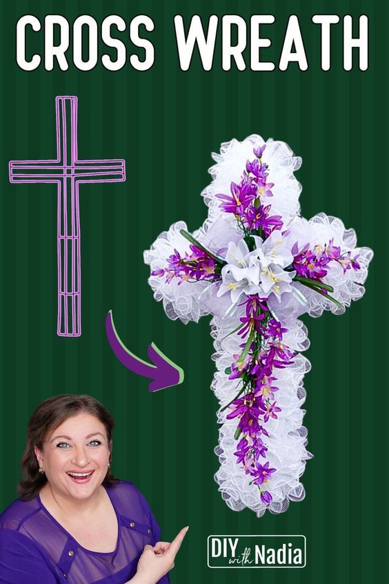 a woman standing in front of a cross with flowers on it and an arrow pointing at the cross