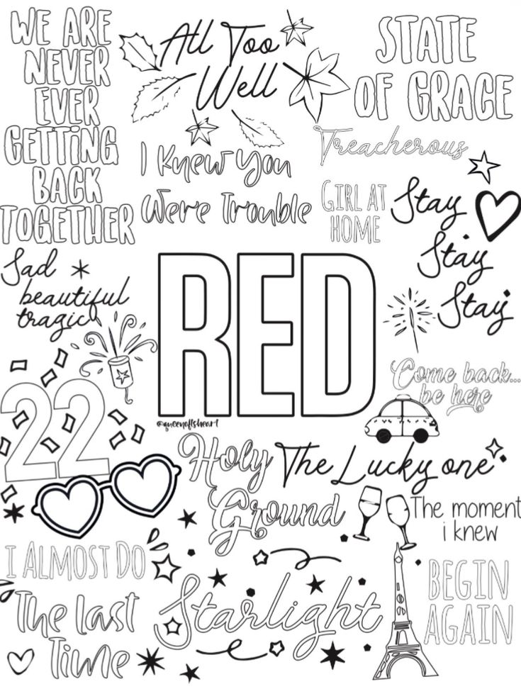 the word red is surrounded by many different handwritten words and phrases in black and white