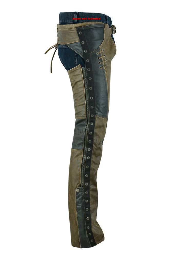 Women's Stylish Lightweight Hip Set Chaps- Two Tone The main reason motorcycle riders wear leather chaps is for protection. Leather has proven to provide better protection than regular clothes while riding a motorcycle. Motorcyclists wear leather jackets, vests, and chaps to protect the vital parts of their body in the case of an accident or crash. Leather is not a cold-weather insulator, it just blocks the wind and offers good protection if you go down. SIZES 3XS - 5XL Match it with the Women's Bike Cover, Event Shirts, Female Biker, Riding Gear, Biker Leather, Inner Thigh, Motorcycle Outfit, Fashion Lighting, In Hot