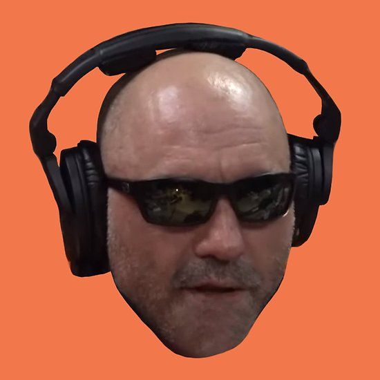 a bald man wearing sunglasses and headphones on top of an orange background with the caption