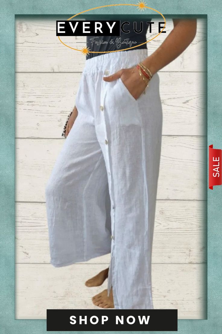 Women's Casual Elastic Trousers Relaxed Fit Bottoms With Button Closure For Beach, Relaxed Fit Beach Bottoms With Button Closure, Beach Bottoms With Button Closure And Relaxed Fit, White Casual Capris For Vacation, White Casual Capris For Beach, Casual White Capris For The Beach, Casual White Capris For Beach, White Casual Beach Capris, Spring Beach Bottoms With Button Closure