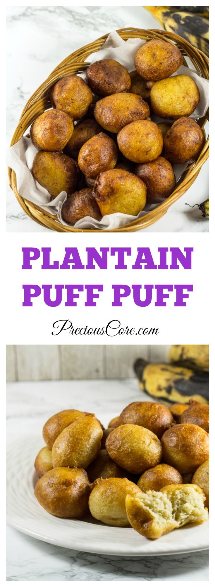 two pictures showing different types of puffs in baskets and on plates with the words, plantain puffs