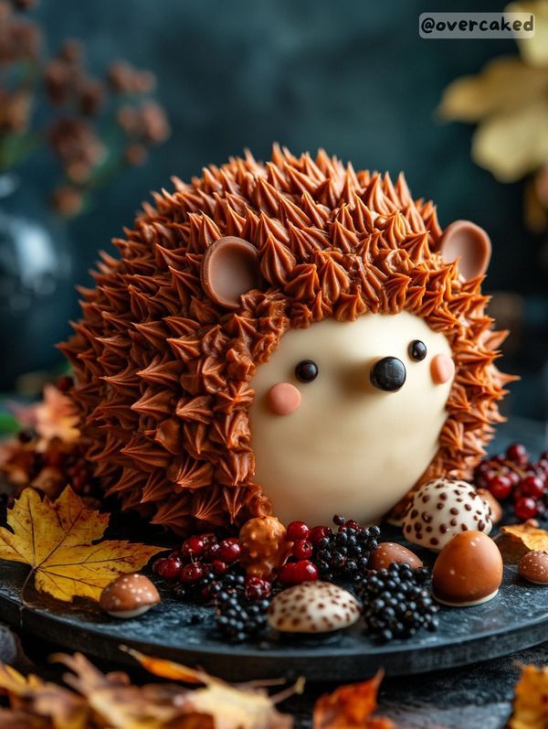 a hedgehog figurine sitting on top of a plate surrounded by autumn leaves