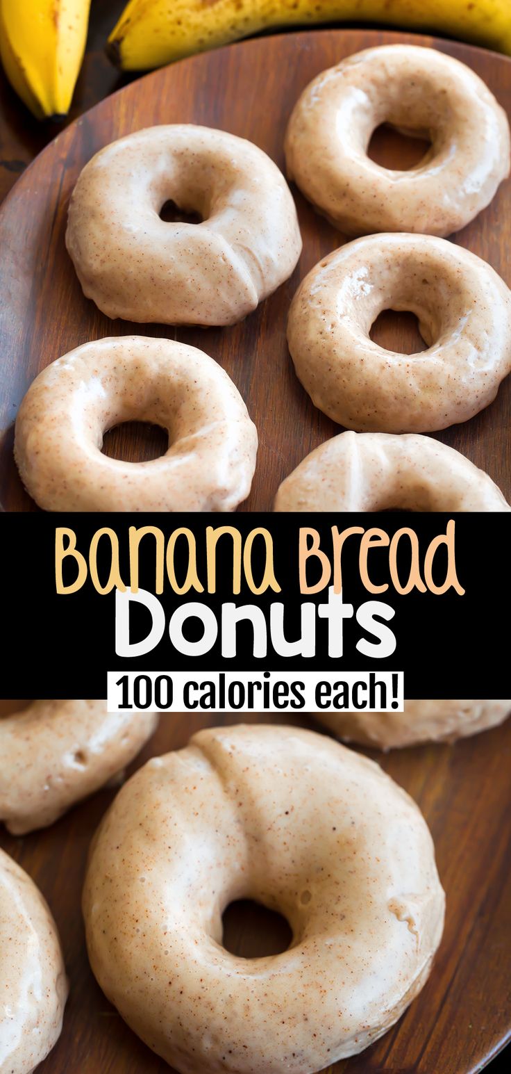 there are several donuts on a plate with bananas in the background and text overlay that reads, banana bread donuts