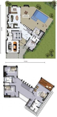 two floor plans for a house with swimming pool