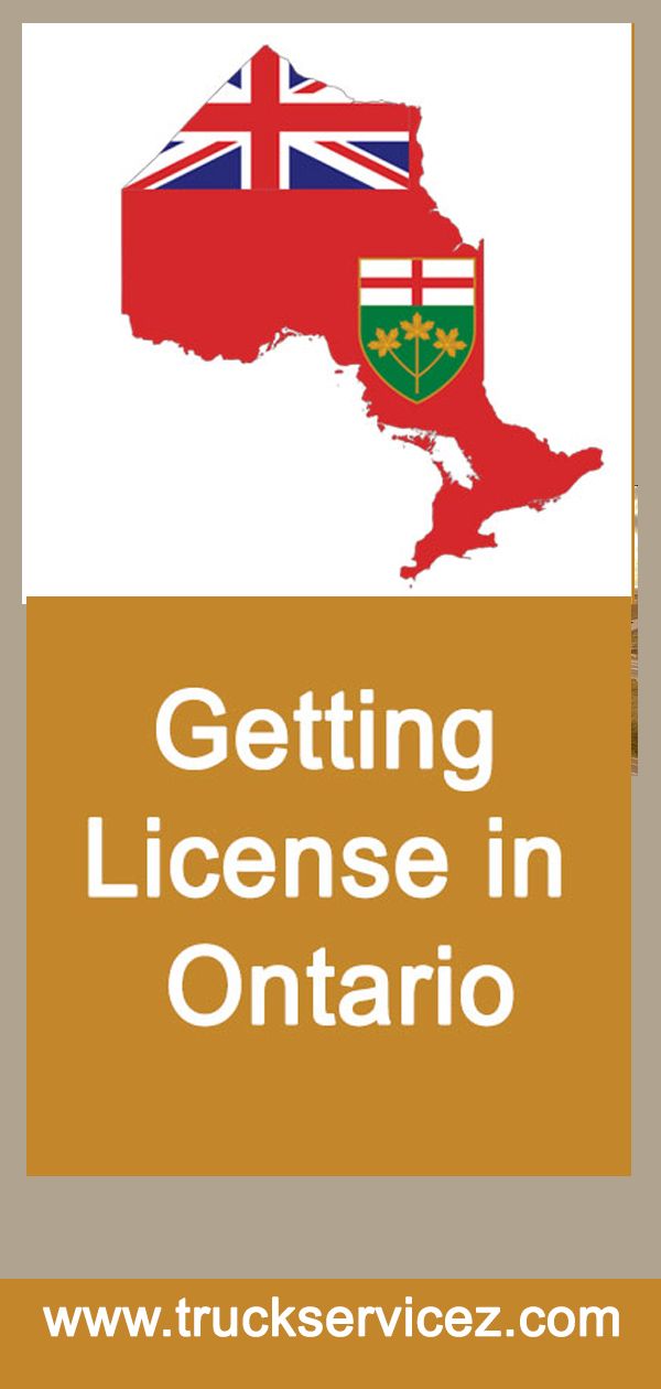 an orange and white sign with the words getting license in ontario on it's side